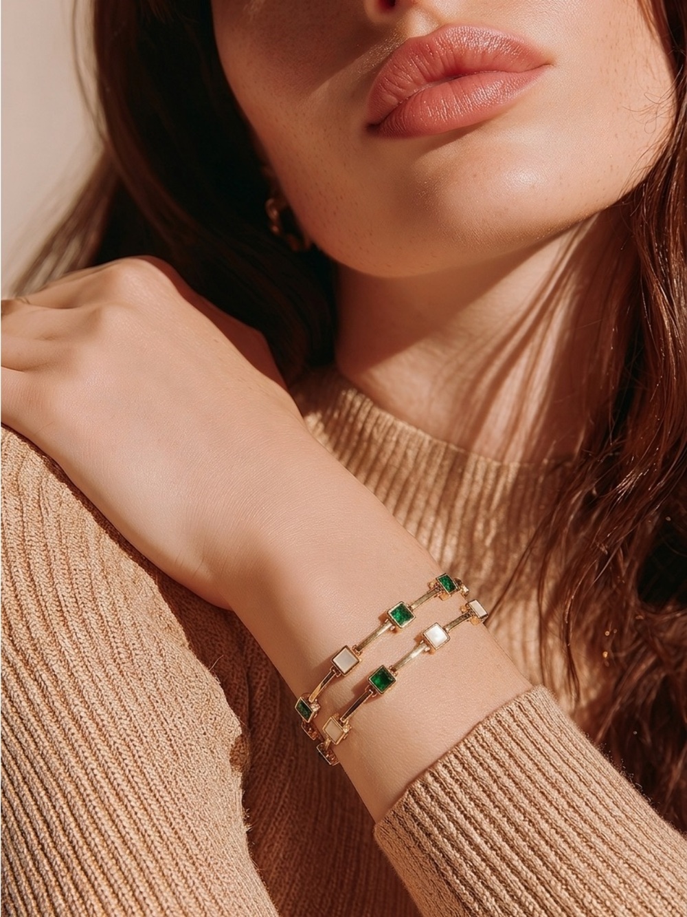 Elegant and Modern Gold Link Bracelet with Green and White Stone Accents